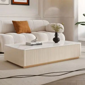 Modern Cream Marble-Top Coffee Table with Ribbed Base