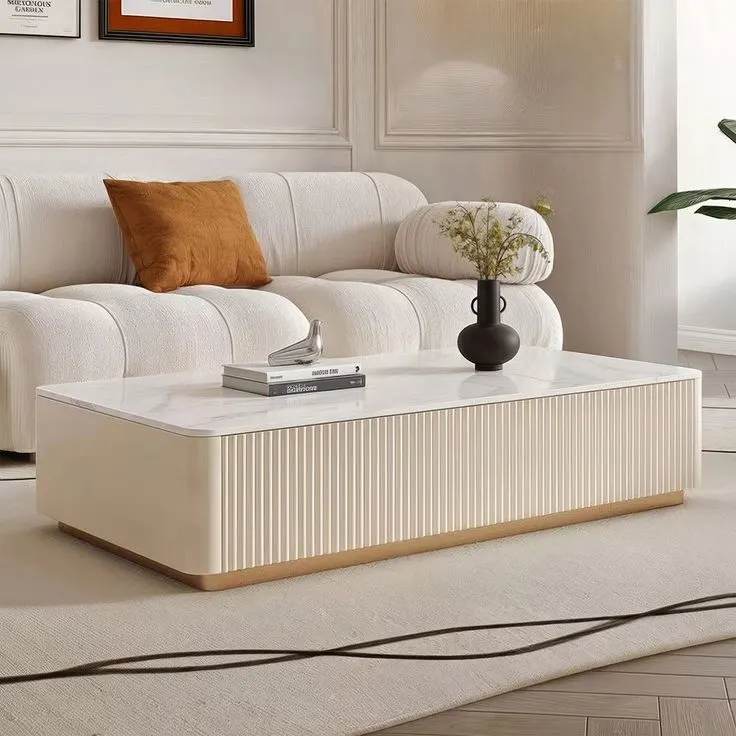 Modern Cream Marble-Top Coffee Table with Ribbed Base