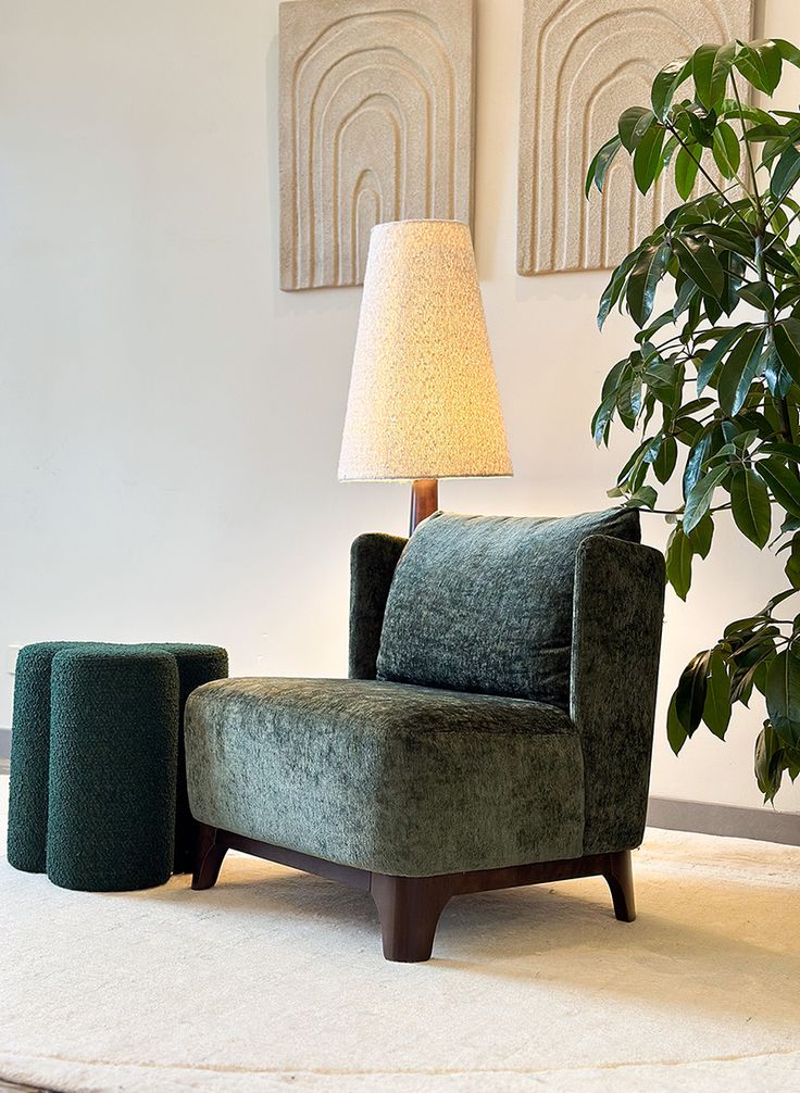Oliva Winged Olive Green Bouclé Arm Chair
