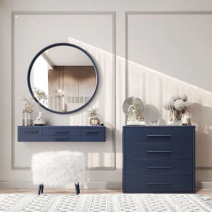 Velora Navy Wall Mounted Dressing Table Set with Round Mirror