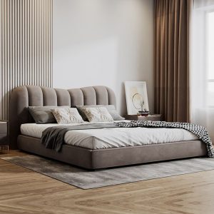 Modern Velvet Upholstered Bed with Channeled Headboard