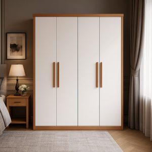 4 Door White Wardrobe with Wooden Frame