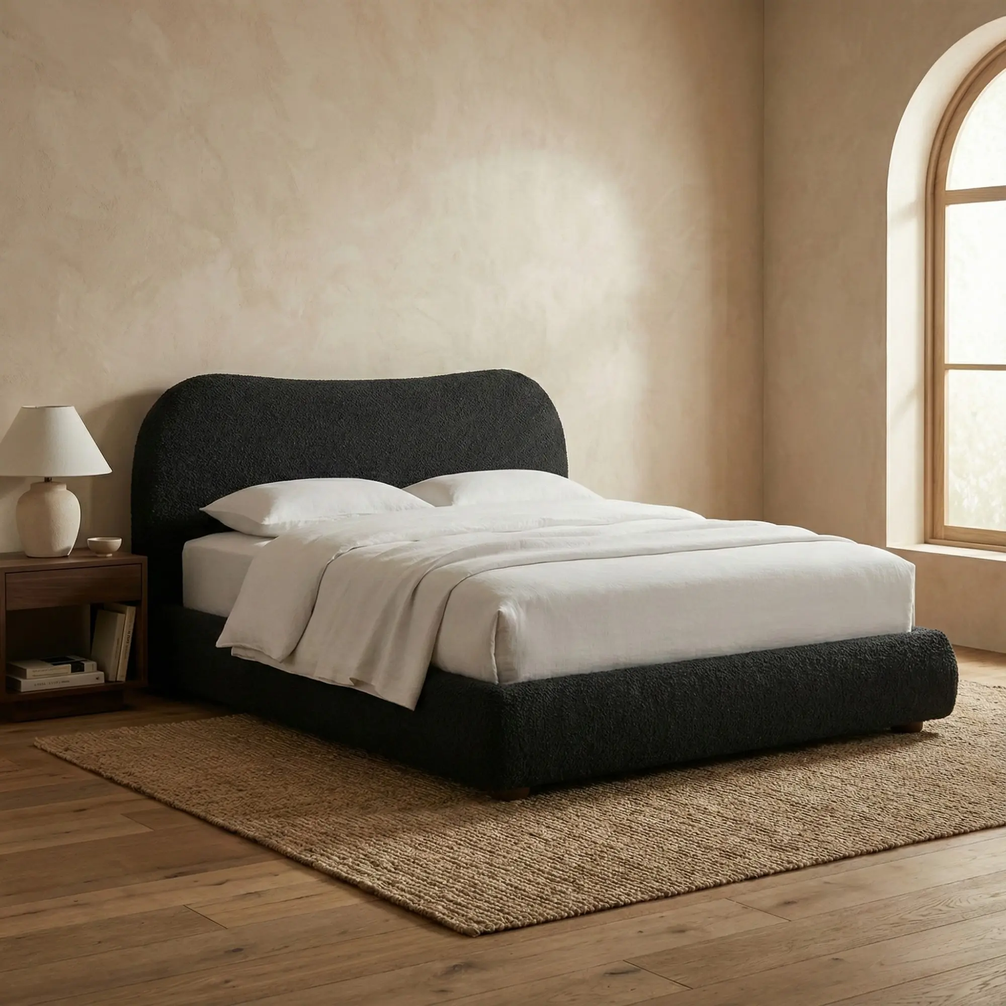 Black Bouclé Upholstered Platform Bed - Image 2