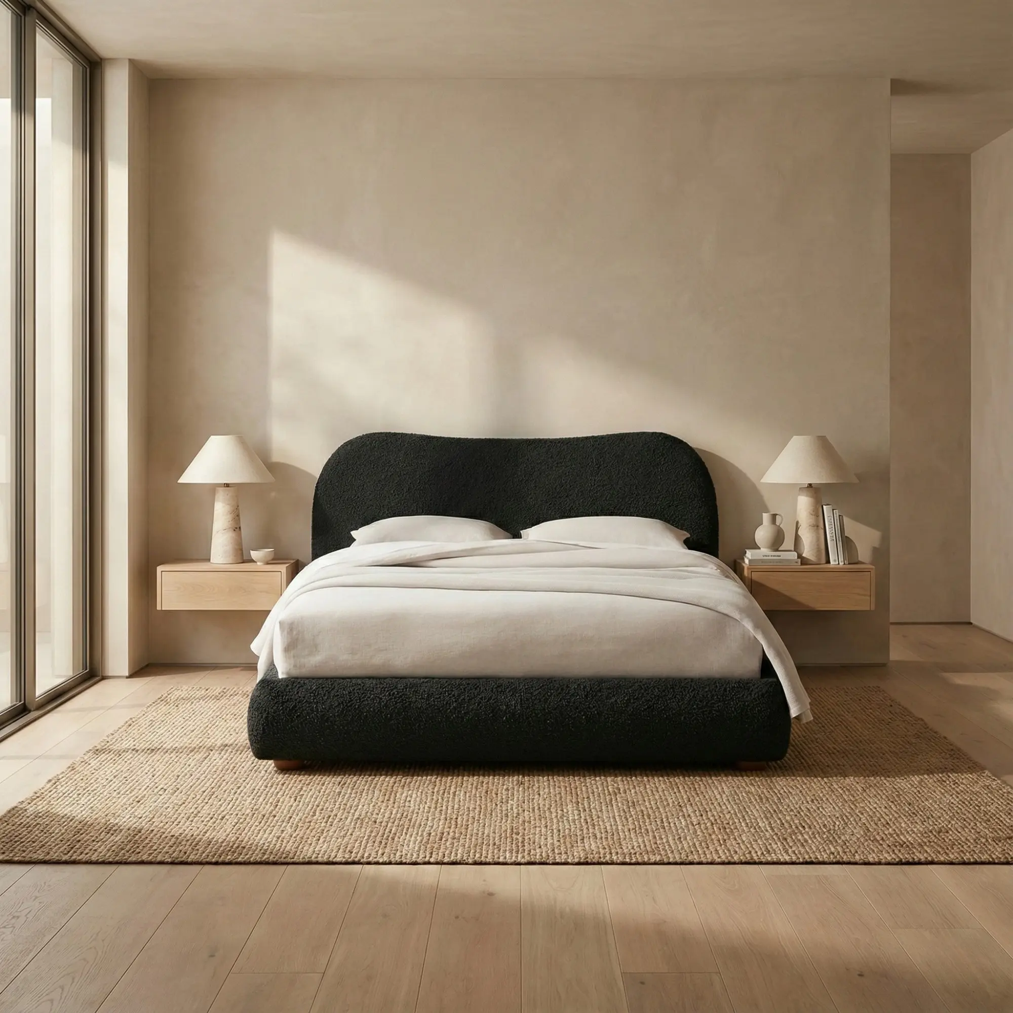 Black Bouclé Upholstered Platform Bed