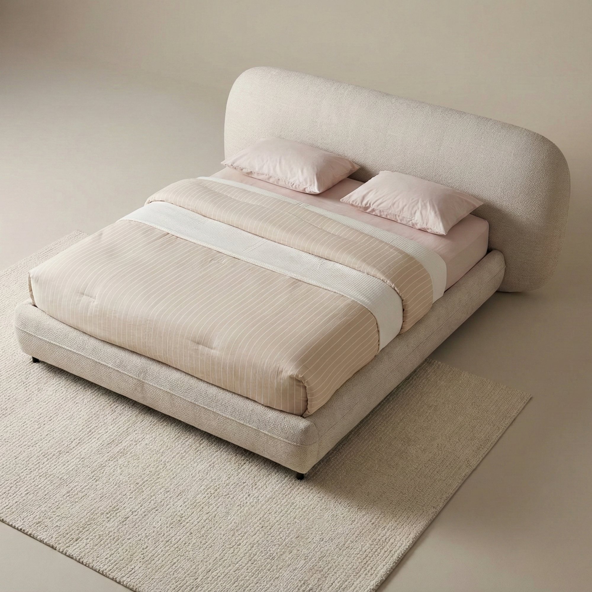 Bouclé Upholstered Bed with Rounded Minimalist Headboard - Image 2