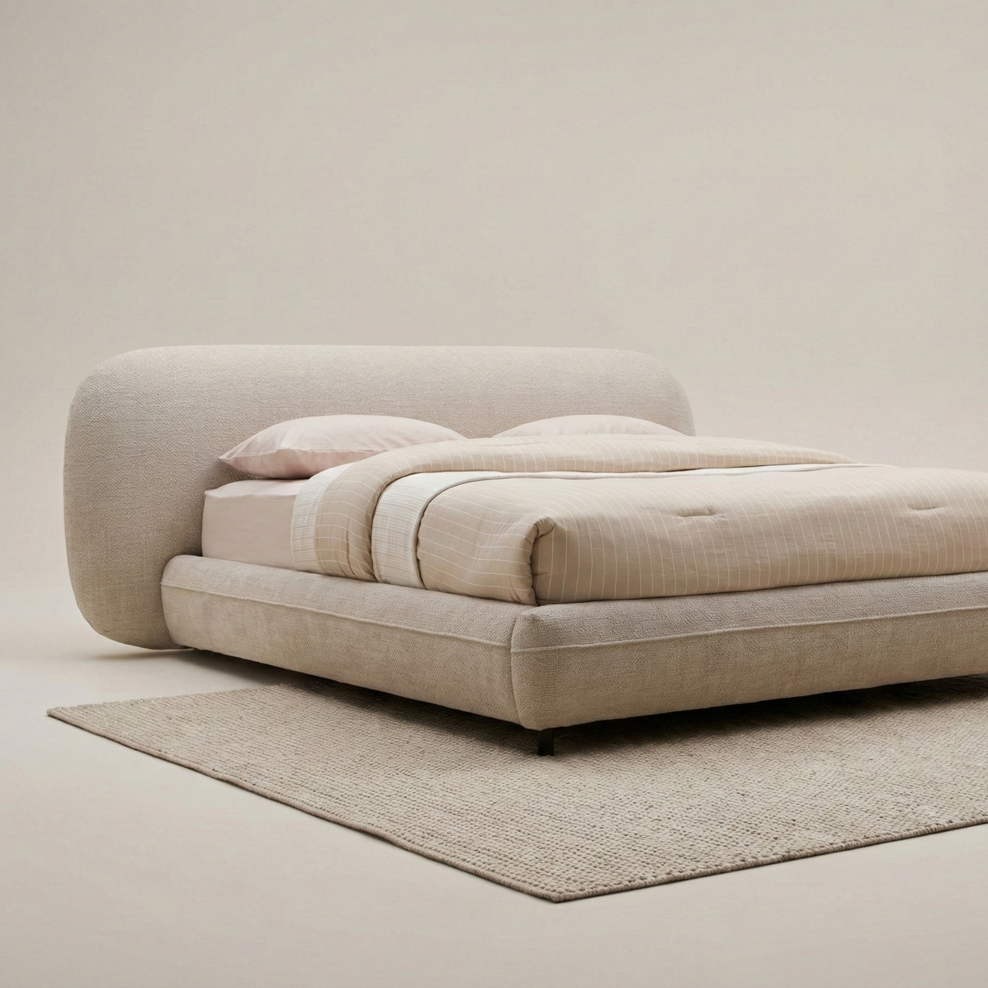 Bouclé Upholstered Bed with Rounded Minimalist Headboard - Image 3
