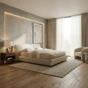 Bouclé Upholstered Bed with Rounded Minimalist Headboard