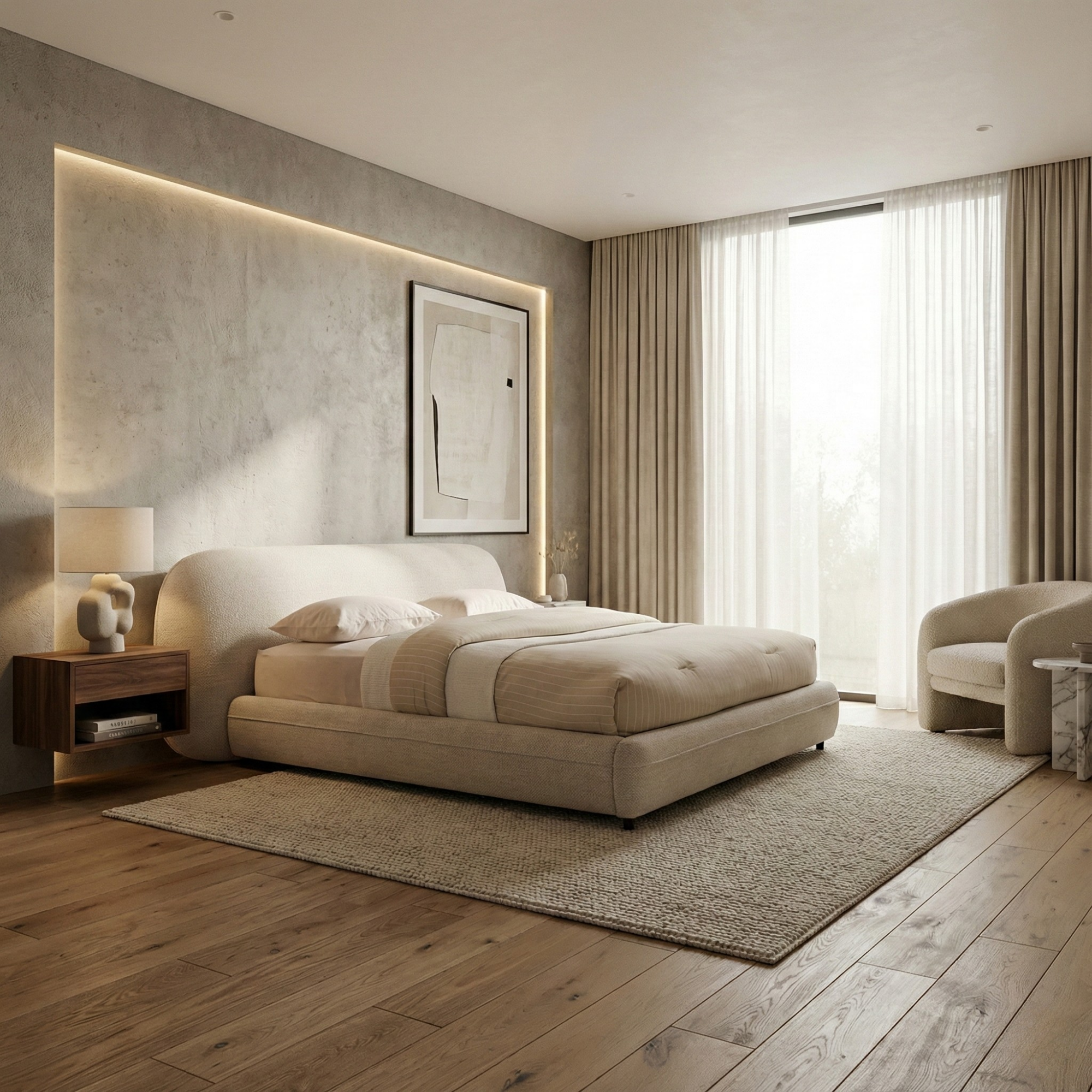 Bouclé Upholstered Bed with Rounded Minimalist Headboard