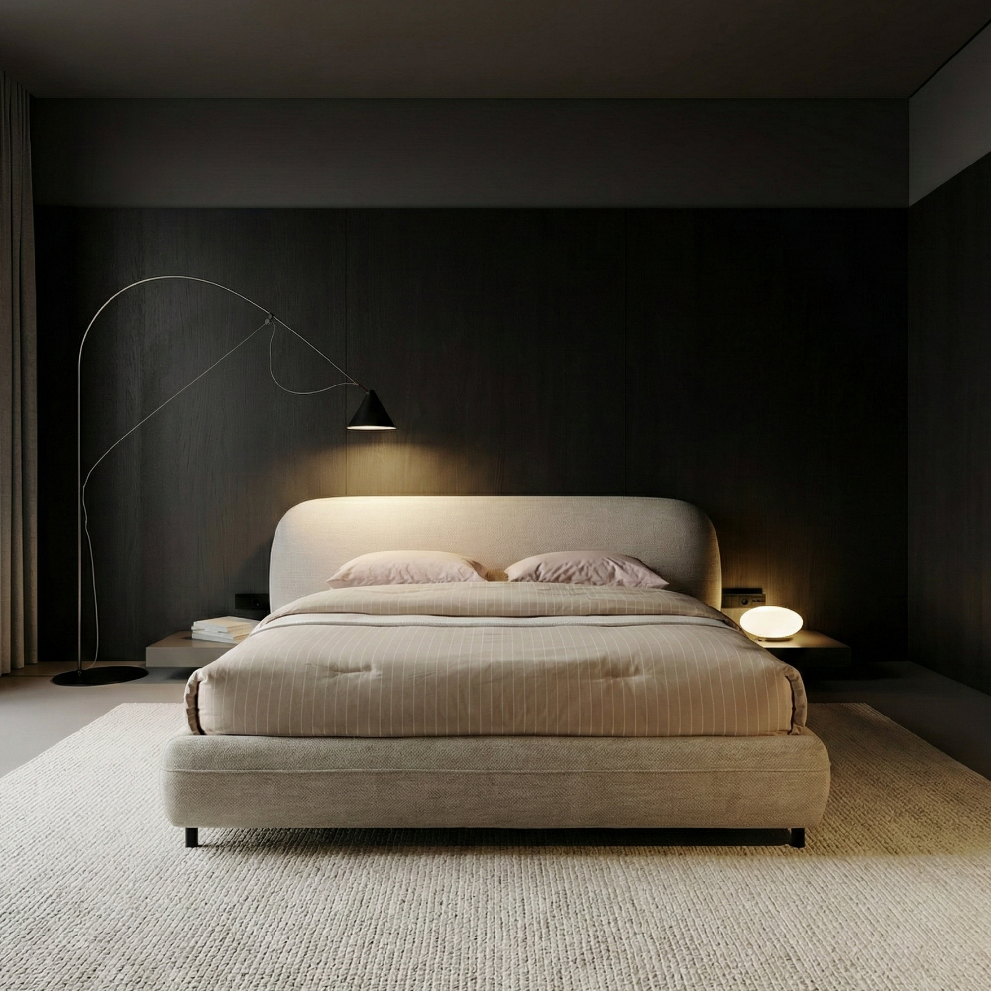 Bouclé Upholstered Bed with Rounded Minimalist Headboard - Image 4