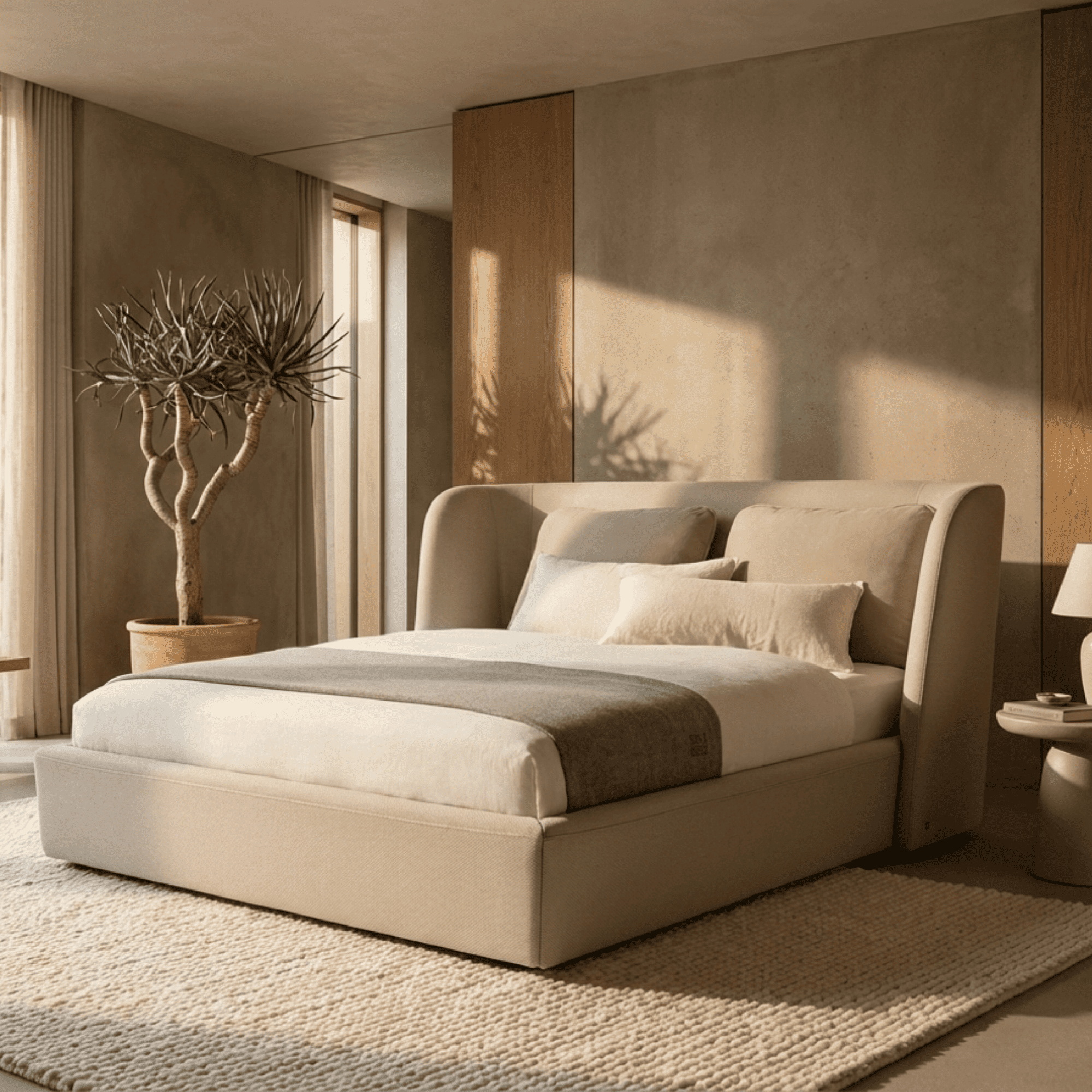 Contemporary Wingback Upholstered Bed – High Backrest
