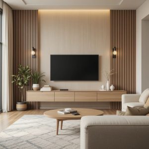 Modern Floating TV Unit with Wooden Fluted Paneling