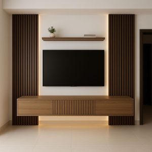 Modern Floating TV Unit with LED Backlit Wooden Paneling