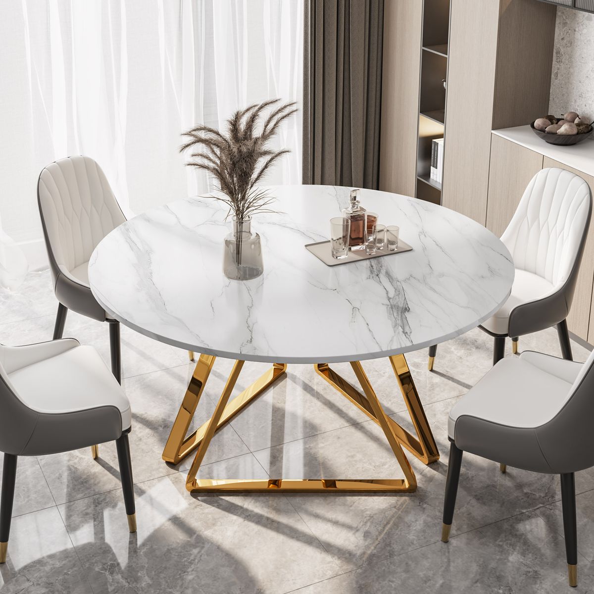 4 Seater Round Marble Dining Table White