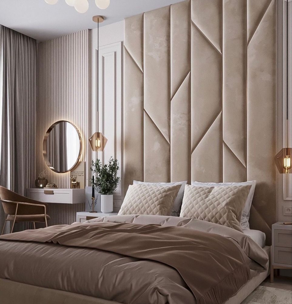 Modern Velvet Wall Panel Bed | Geometric Headboard Design