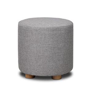 Round Linen Fabric Footstool Ottoman Light Grey
