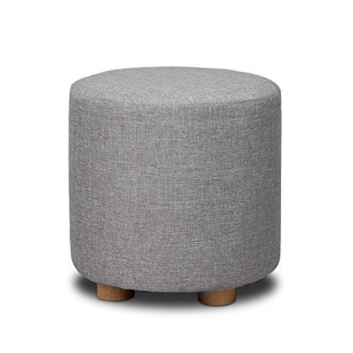 Round Linen Fabric Footstool Ottoman Light Grey