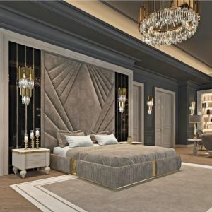 Luxury Fabric Upholstered Bed with Double Headboard