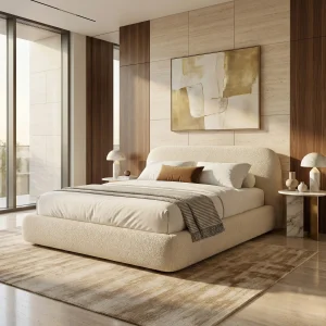 Upholstered Bouclé Platform Bed with Rounded Headboard