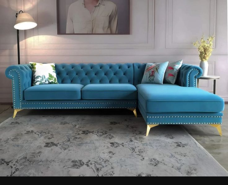 Velvet L-Shape Sectional Sofa with Gold Legs