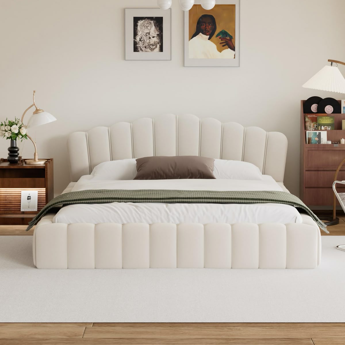 Velvet Upholstered Shell-Shaped Headboard Bed