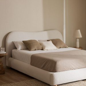 Bouclé Upholstered Bed with Organic Wave Headboard