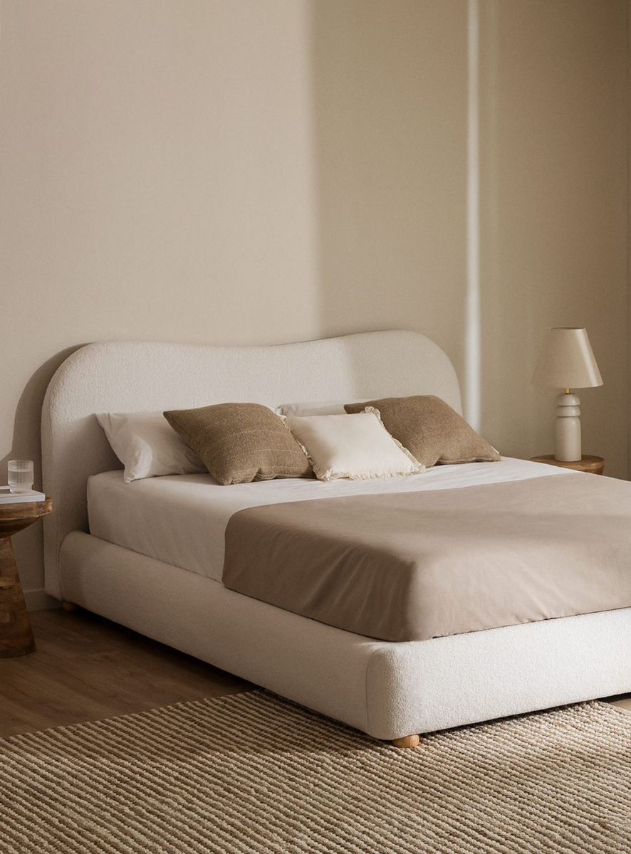 Bouclé Upholstered Bed with Organic Wave Headboard