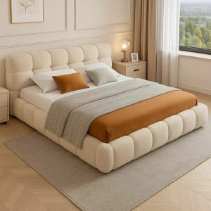 Cloud-Padded Bouclé Upholstered Bed – Modern Rounded Edge Platform Bed