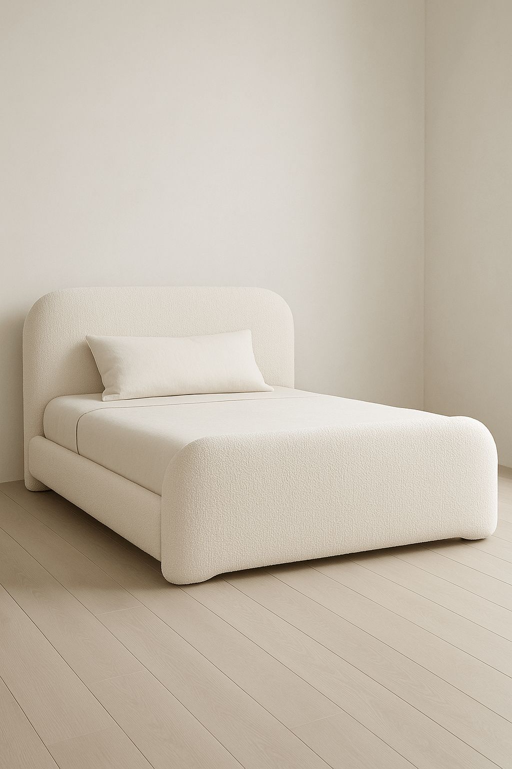 Curved Bouclé Upholstered Bed | Modern Minimalist Soft-Edge Bed Frame