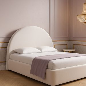Modern Bouclé Upholstered Bed with Curved Headboard