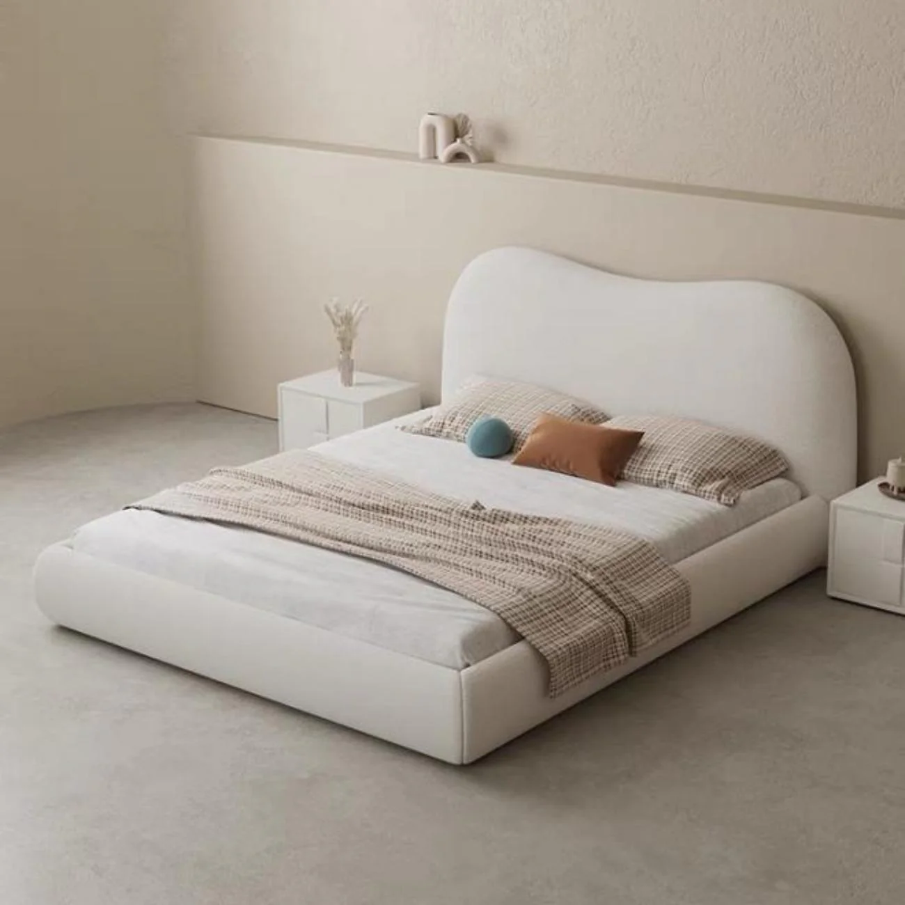 Minimalist Bed with Cushioned Curved Headboard
