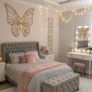 Elegant Gray & Blush Pink Tufted Upholstered Bed