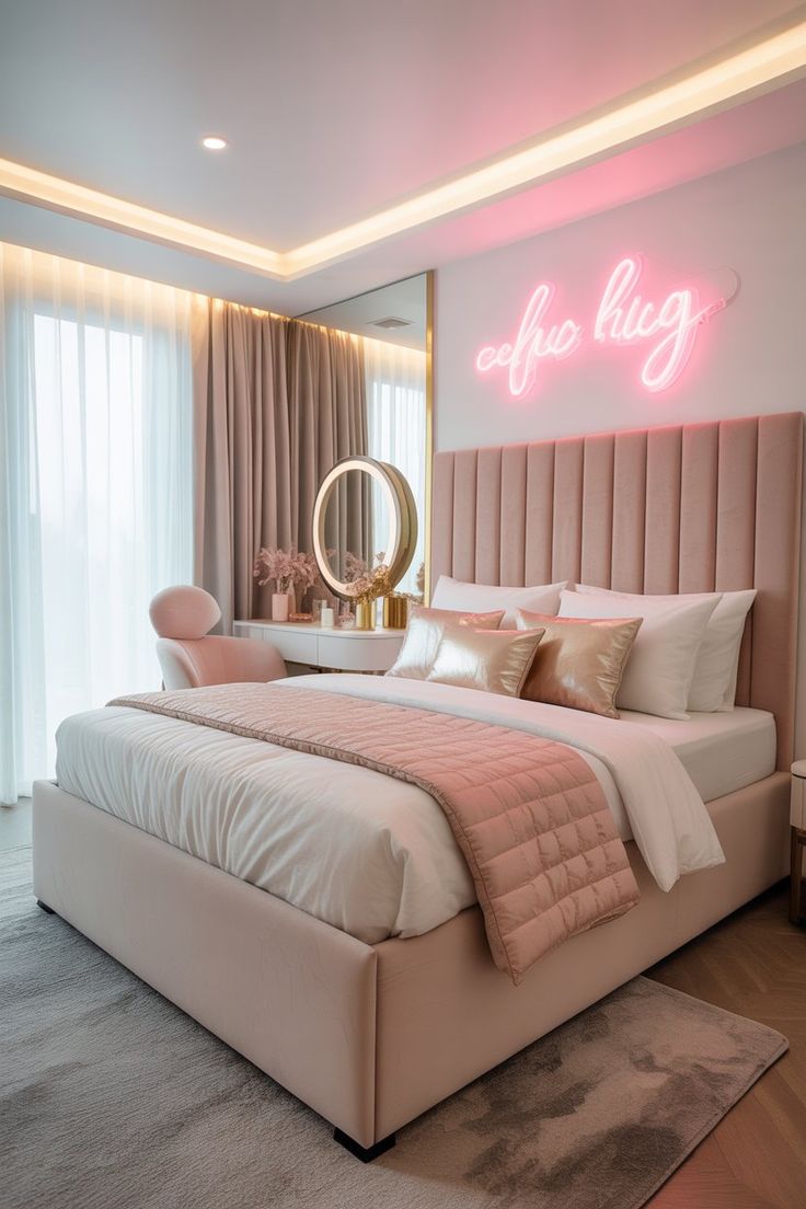 Modern Pink Quilted Headboard Bed