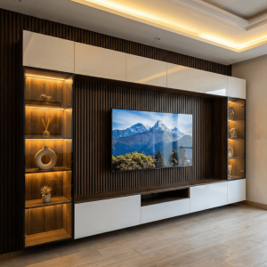 Luxury Wall Mounted TV Unit with LED Shelves