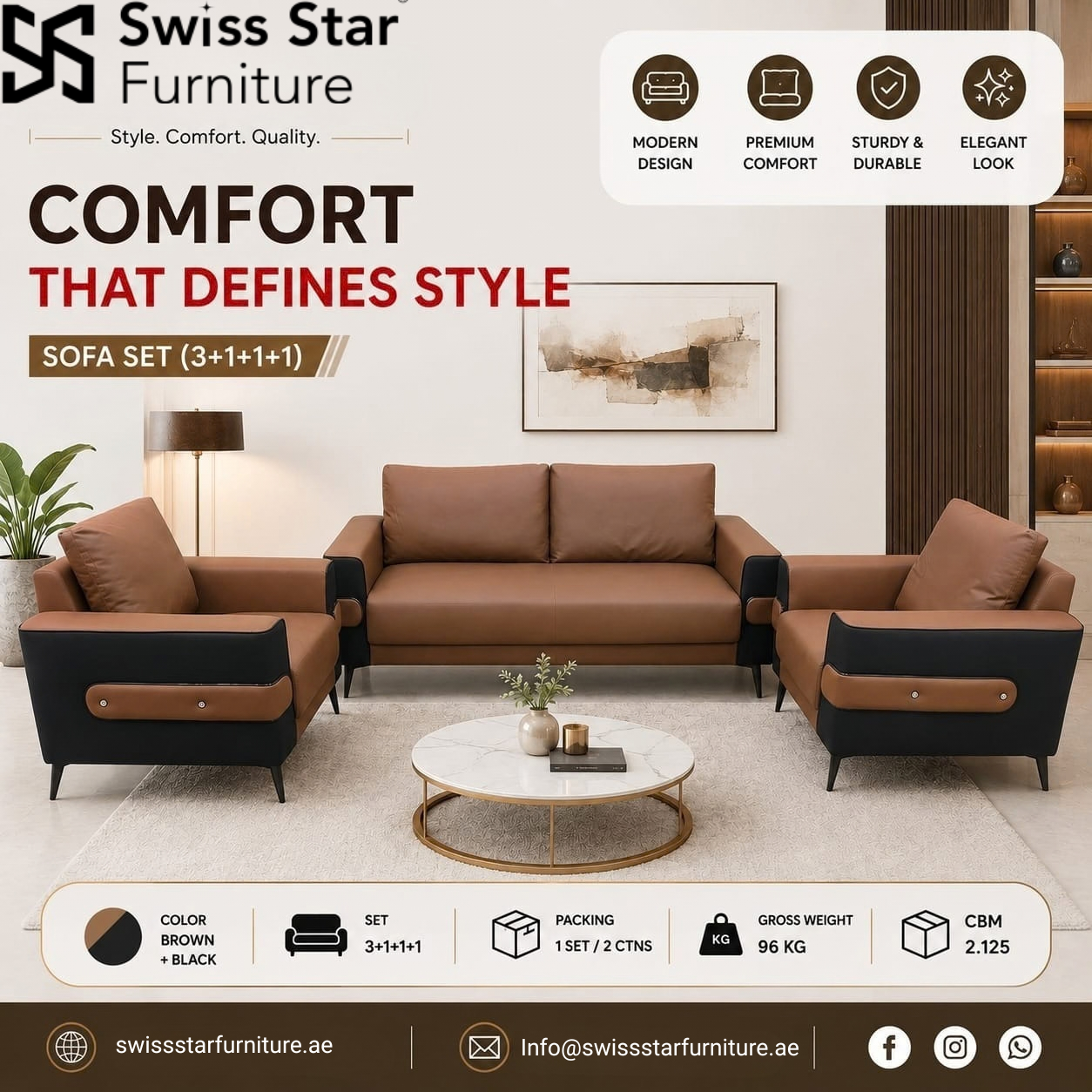 Brown and Black Lounge Sofa Set