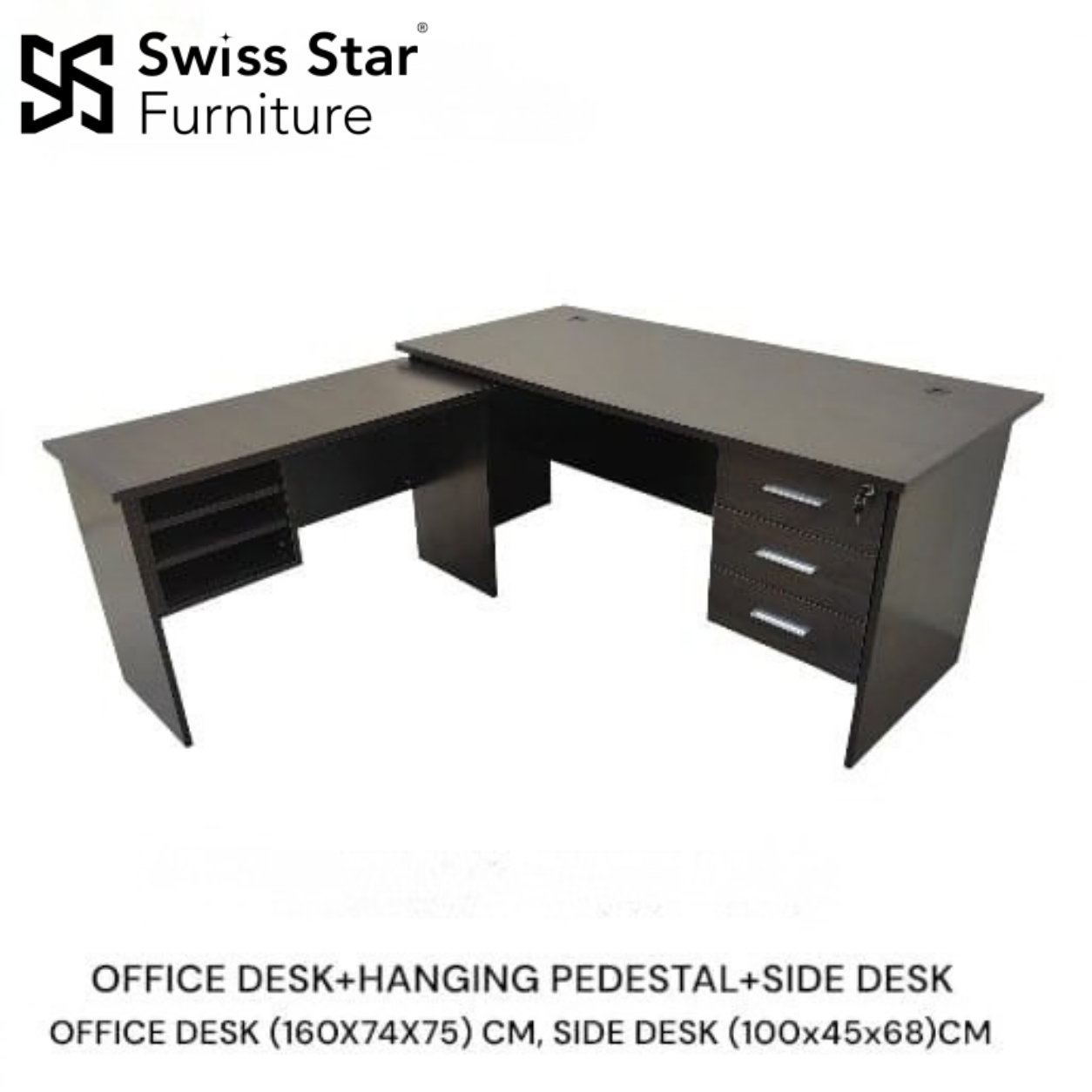 Wooden Office Desk with Drawers and Side Table